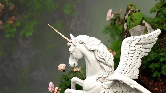 Ethereal Winged Unicorn Statue Amidst Rose Bushes in Misty Garden Setting, Fantasy Sculpture with horn and wings