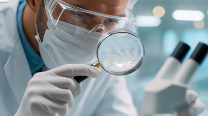 Close-up of scientist examining bioplastic material under magnifying glass in laboratory, ideal for innovation, biotechnology, research and sustainable science visuals