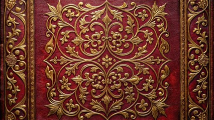 Intricate Gold Accents on a Rich Crimson Leather Texture A Detailed Close-Up of Elegant Ornamental Design