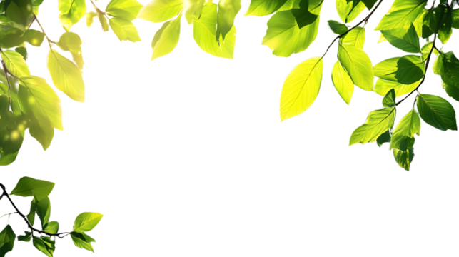 A High Resolution image of sunshine through blurred green trees, empty abstract summer or spring background banner with defocused lights and copy space.
