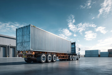 Truck unloading large shipping containers inside a warehouse against a vibrant blue sky and fluffy white clouds