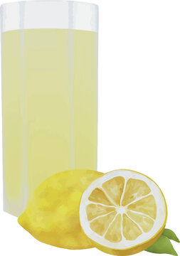 Vector illustration of Fresh lemon juice with yellow lemon slices and mint on a light background. Bright and tangy citrus drink, ideal for healthy recipes and summer refreshment.