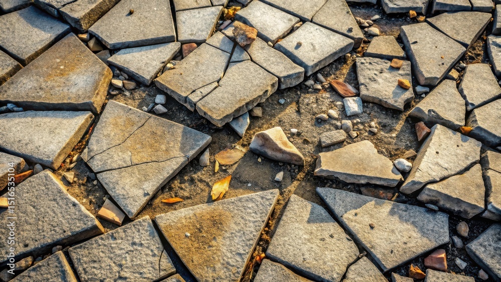 Poster a fractured stone pavement, exhibiting a distressed texture with sunlight illuminating the fragmente