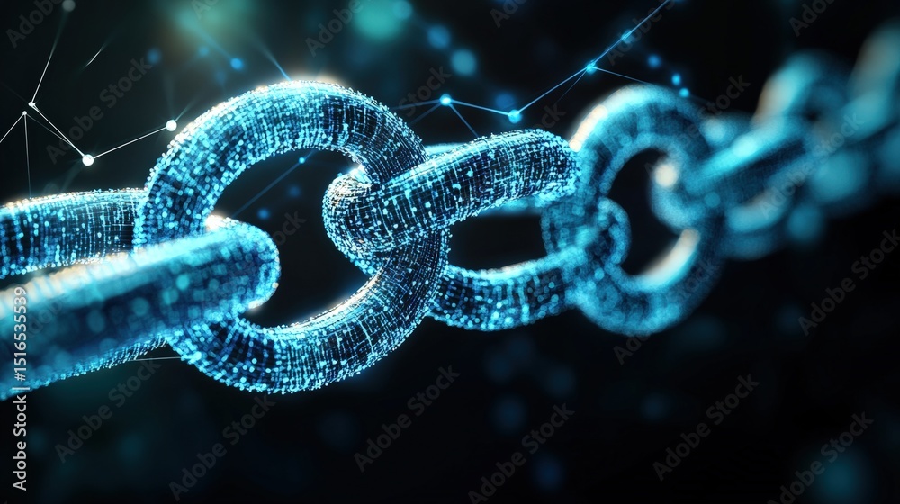 Poster highly detailed digital illustration of a glowing blockchain chain with interconnected nodes represe