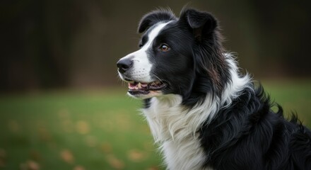 Fototapeta premium A striking black and white dog, possibly a Border Collie, gazes intently off to the side, set against a softly blurred autumnal background