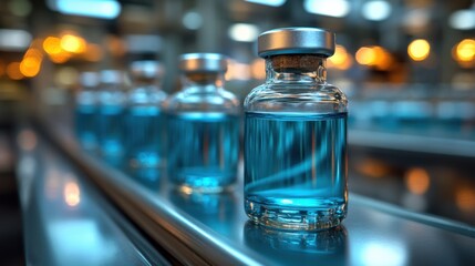 Glass Vials with Blue Liquid on Conveyor Belt