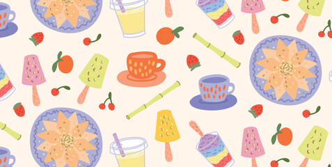 Seamless pattern of Indian desserts and drinks. Kaju Katli, Kulfi, Ice Gola, Sugarcane Juice with fruits, cups and sticks. Hand drawn flat vector design on light background for packaging or textile
