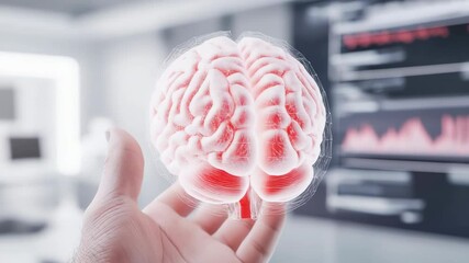 Hand holds a rotating hologram of a pink brain with visualized neural networks. In the background is a modern laboratory, evoking a sense of scientific research and advanced technology. - Powered by Adobe