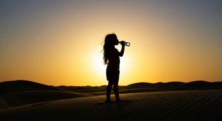Silhouette of a child drinking water during a desert sunset