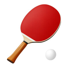 Table tennis paddle with red surface and white ball on clean background evokes excitement and competition