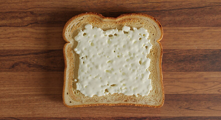 Slice of bread topped with spread on wooden table