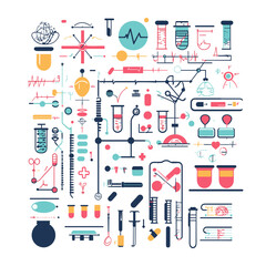 Abstract Scientific Illustration with Test Tubes and Various Laboratory Equipment in a White Background