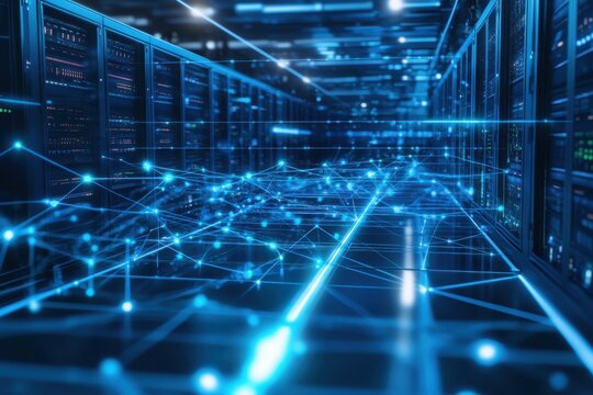 Digital Network Data Center Server Room Technology Abstract Blue High Cyber Cloud Nodes Future