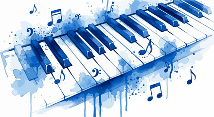 Digitally rendered watercolor painting of a close-up piano keyboard in fluid blue tones, with soft splatters, floating musical notes, and expressive washes suggesting movement, light, and emotion.
