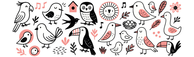 Whimsical Cartoon Birds in Hand-drawn Doodle Style