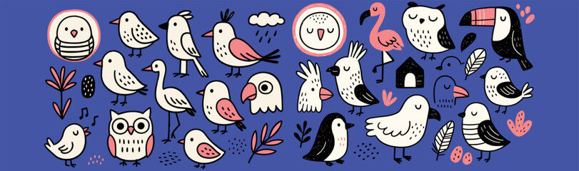 Forest Birds in Whimsical Cartoon Doodle Style