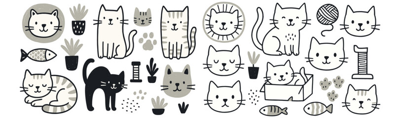 Playful Hand-drawn Cats and Toys in Minimal Doodle Style