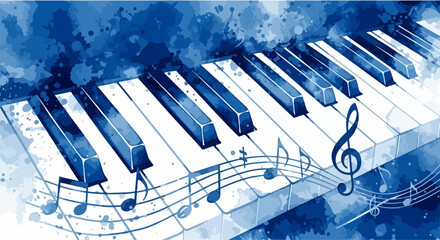 Digitally rendered watercolor painting of a close-up piano keyboard in fluid blue tones, with soft splatters, floating musical notes, and expressive washes suggesting movement, light, and emotion. © Purnomo