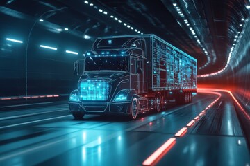 Futuristic Digital Truck Driving Through Neon Tunnel Modern Technology Transportation Road Data     