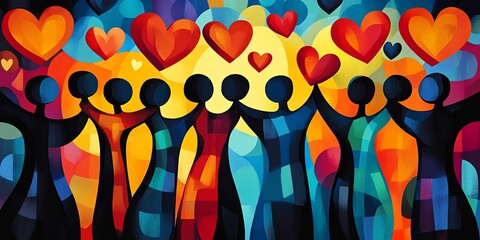 Colorful abstract art depicting unity, love, and community. Vibrant figures embrace, surrounded by hearts.