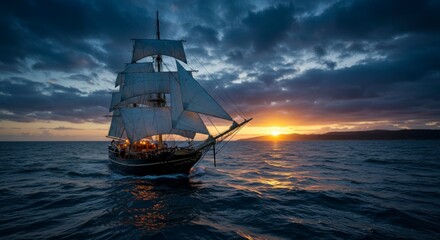 Fototapeta premium A grand sailing ship gracefully navigates the open ocean during a breathtaking sunset. The sky is ablaze