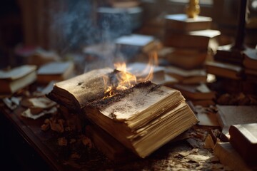 Burning book in vintage library with open flames amongst stacks of old books.