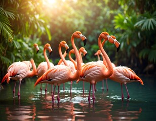 Obraz premium Flamingos in a lush, tropical setting