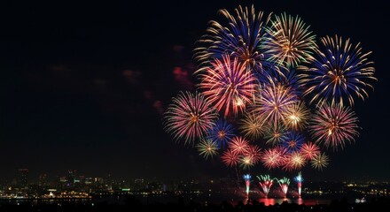 Vibrant fireworks display explodes against a dark night sky over a distant city skyline