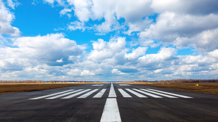 Fototapeta premium Striking Airport Runway vs. Dynamic Blue Cloudy Sky – Aircraft, Taxiways, Control Tower – Aerial Perspective, Runway Markings – Ideal for Graphic Design, Aviation Visuals, Wallpaper