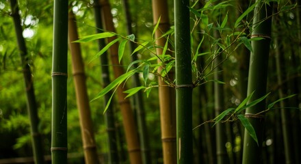 Lush green bamboo forest, vibrant stalks and leaves.  Sunlight filters through dense foliage creating depth