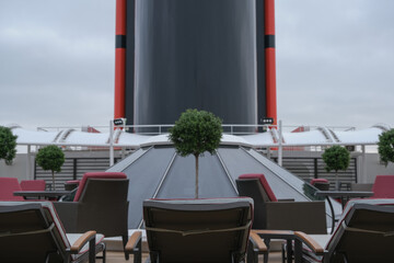 Outdoor whirlpool jacuzzi and private sun deck onboard modern luxury cruiseship cruise ship ocean...