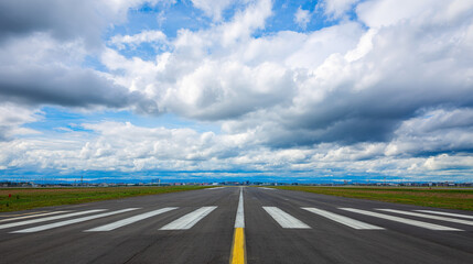 Fototapeta premium Striking Airport Runway vs. Dynamic Blue Cloudy Sky – Aircraft, Taxiways, Control Tower – Aerial Perspective, Runway Markings – Ideal for Graphic Design, Aviation Visuals, Wallpaper