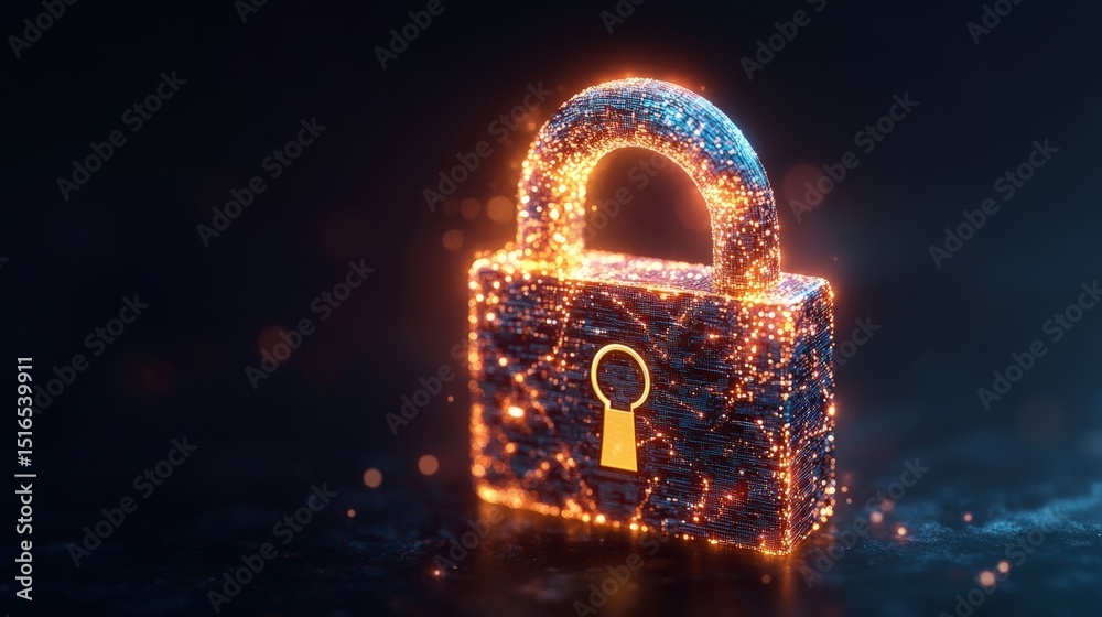 Poster digital glowing padlock with sparkles and abstract neon light effects symbolizing security and data 