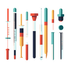 Collection of Medical Equipment and Healthcare Tools in Varied Sizes and Colors with Needles and Droppers on White Background