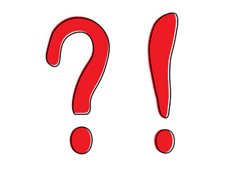 Question mark and exclamation mark symbols. Color is red. Casual style. Set of two icons isolated on  white background. Flat design. For text or pictures to show emotions or some kind of action.