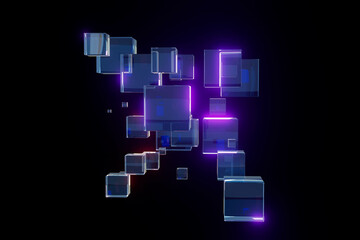 A bunch of cubes are lit up in a dark background