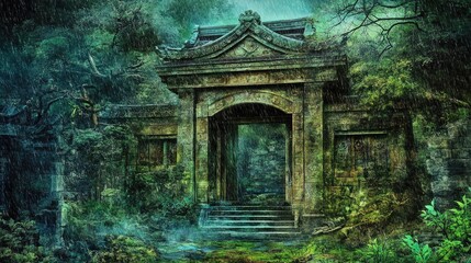 Ancient stone gate in a lush, overgrown forest during a rainy day.