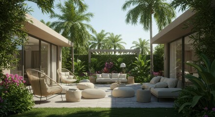 A luxurious outdoor living space with modern seating, lush greenery, and sunny atmosphere