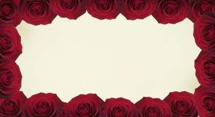 A border of vibrant red roses elegantly frames a soft beige background, ideal for invitations or greetings