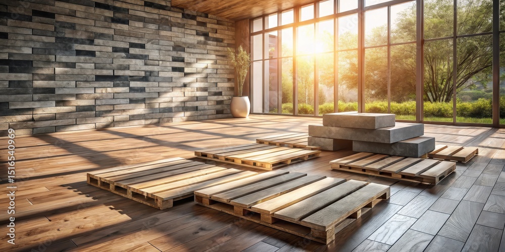 Poster Sunlit Interior Scene with Wooden Pallets and Stone Blocks Arranged as Modular Display