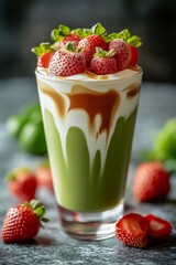 A fresh, healthy, creamy green smoothie with matcha and strawberry in a glass, a vibrant red dessert perfect for a refreshing treat