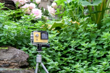 Action camera with waterproof case on the rock in garden.