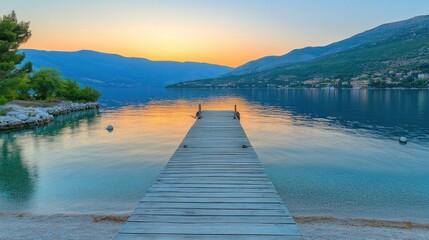 Naklejka premium Sunrise pier over tranquil lake