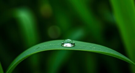 A dewdrop rests on a vibrant green blade of grass, reflecting its surroundings.  The background is blurred, highlighting the dewdrop