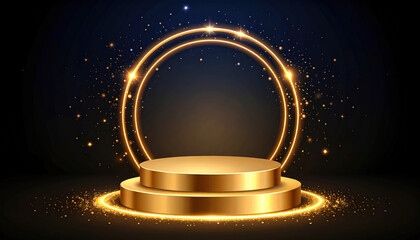 Golden podium with circular frame and sparkles on dark background