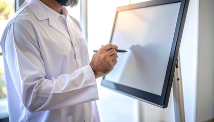 Professional adult in lab coat uses stylus pen to write on blank monitor screen in bright office.