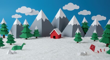 Papercraft winter wonderland scene with mountains cabin trees and kite