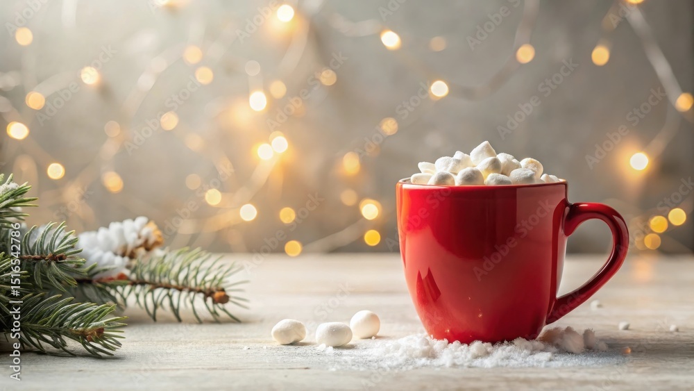 Poster a festive mug filled with sweet marshmallows, set against a sparkling background of holiday lights a
