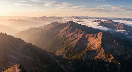 Naklejka premium Panoramic sunset view of majestic mountain ranges, bathed in golden light, with layers of peaks and valleys, and clouds nestled in the hollows