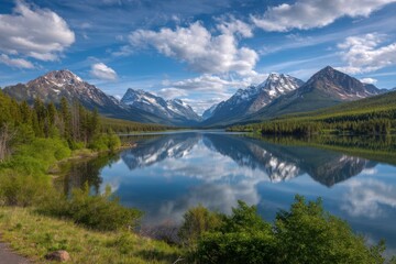 lake reflecting snow-capped peaks and lush greenery under a vibrant sky